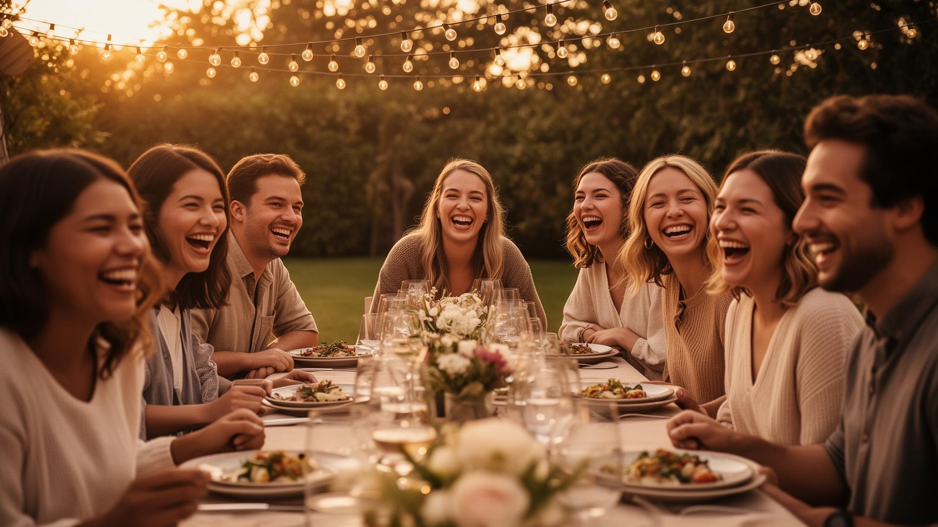 Friends laughing together at a warm outdoor dinner